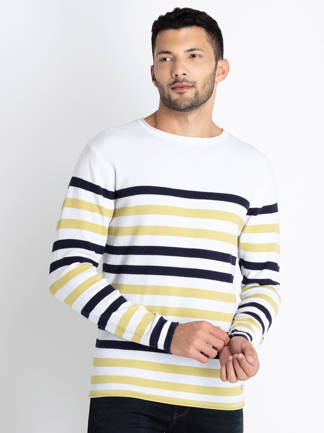 

Status Quo Striped Cotton Pullover Sweater, White