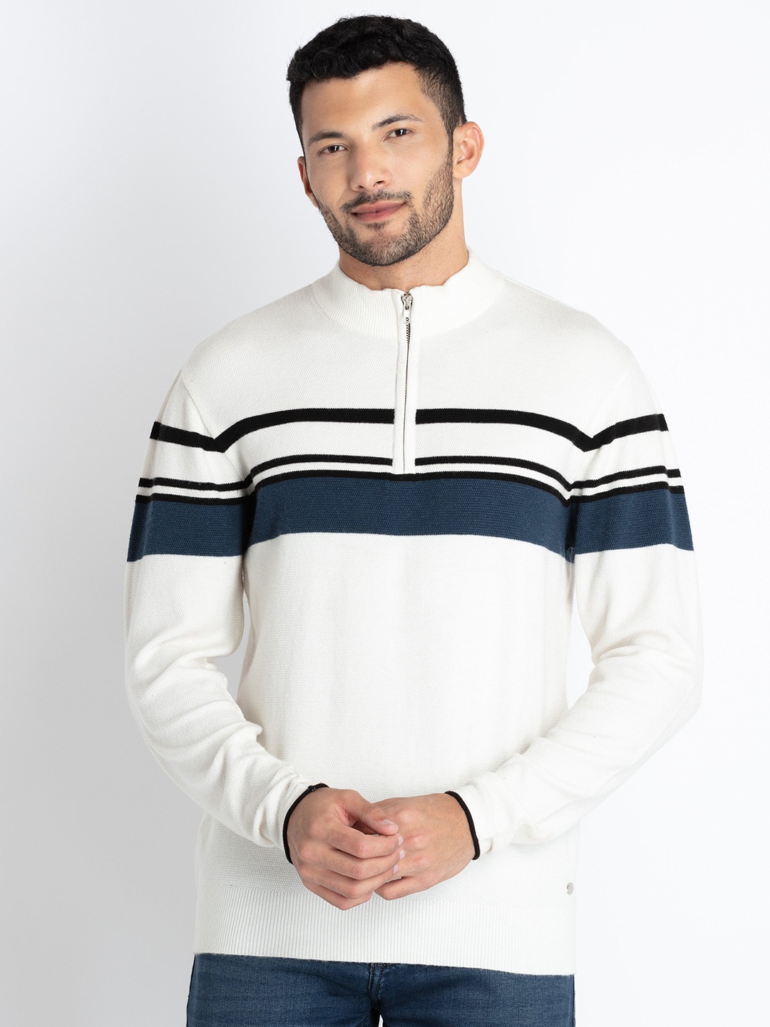 

Status Quo Striped Cotton Pullover, White