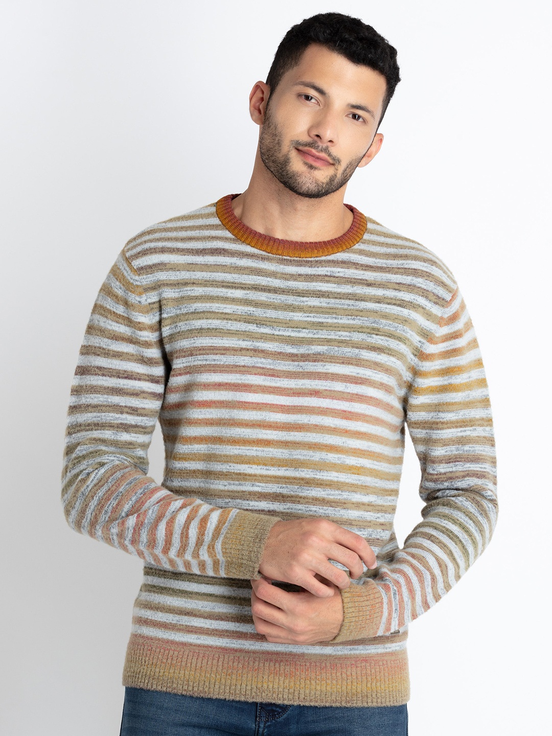 

Status Quo Striped Round Neck Long Sleeves Acrylic Pullover Sweater, Mustard