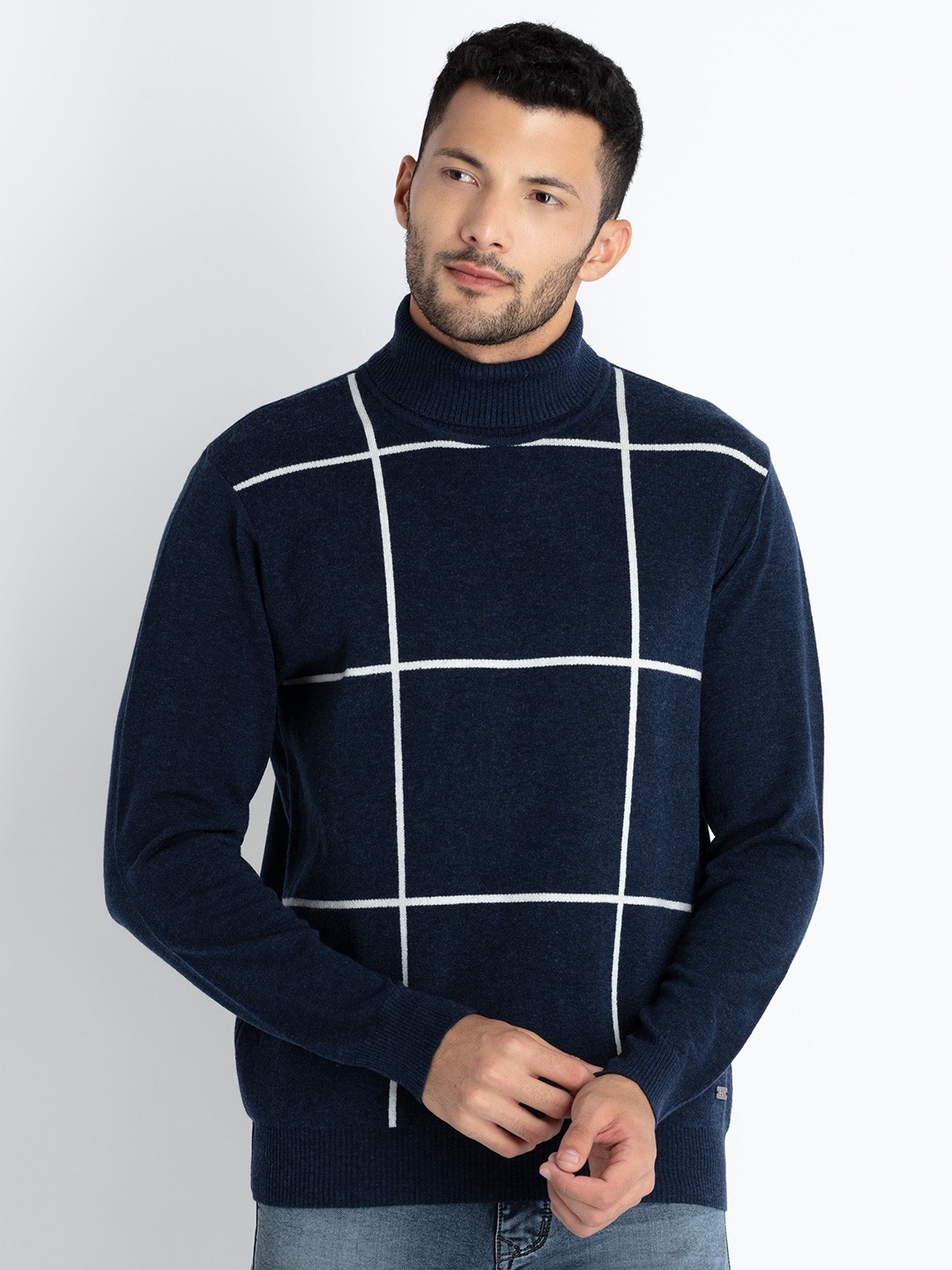 

Status Quo Checked Turtle Neck Acrylic Pullover, Navy blue