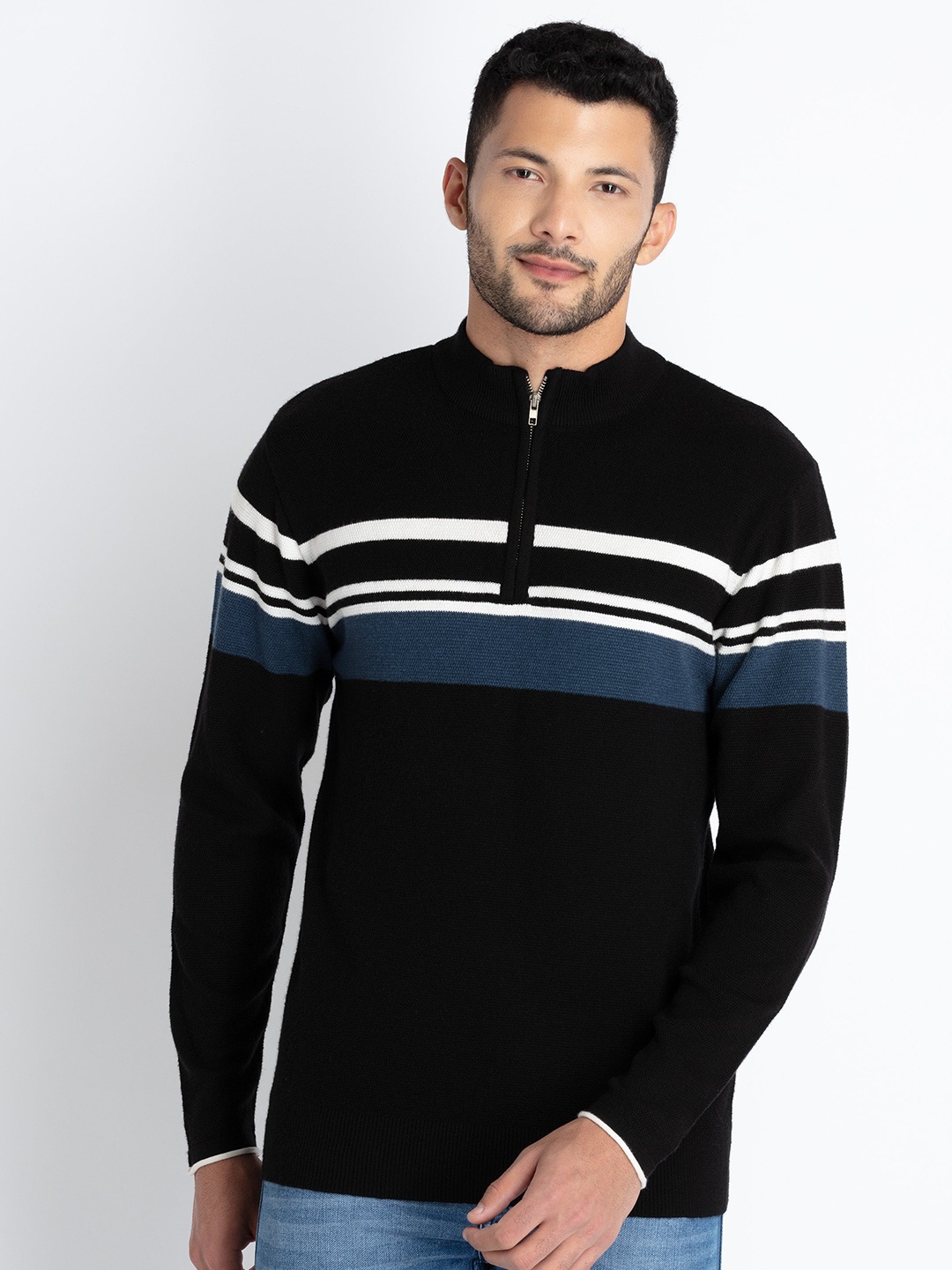 

Status Quo Striped Cotton Mock Collar Pullover Sweater, Black