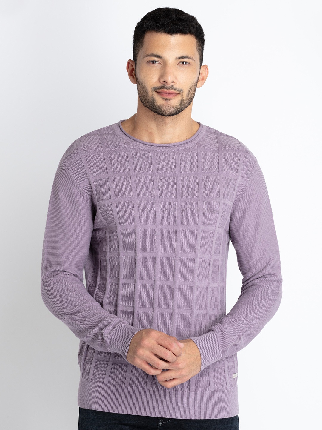 

Status Quo Self Design Checked Cotton Pullover, Purple