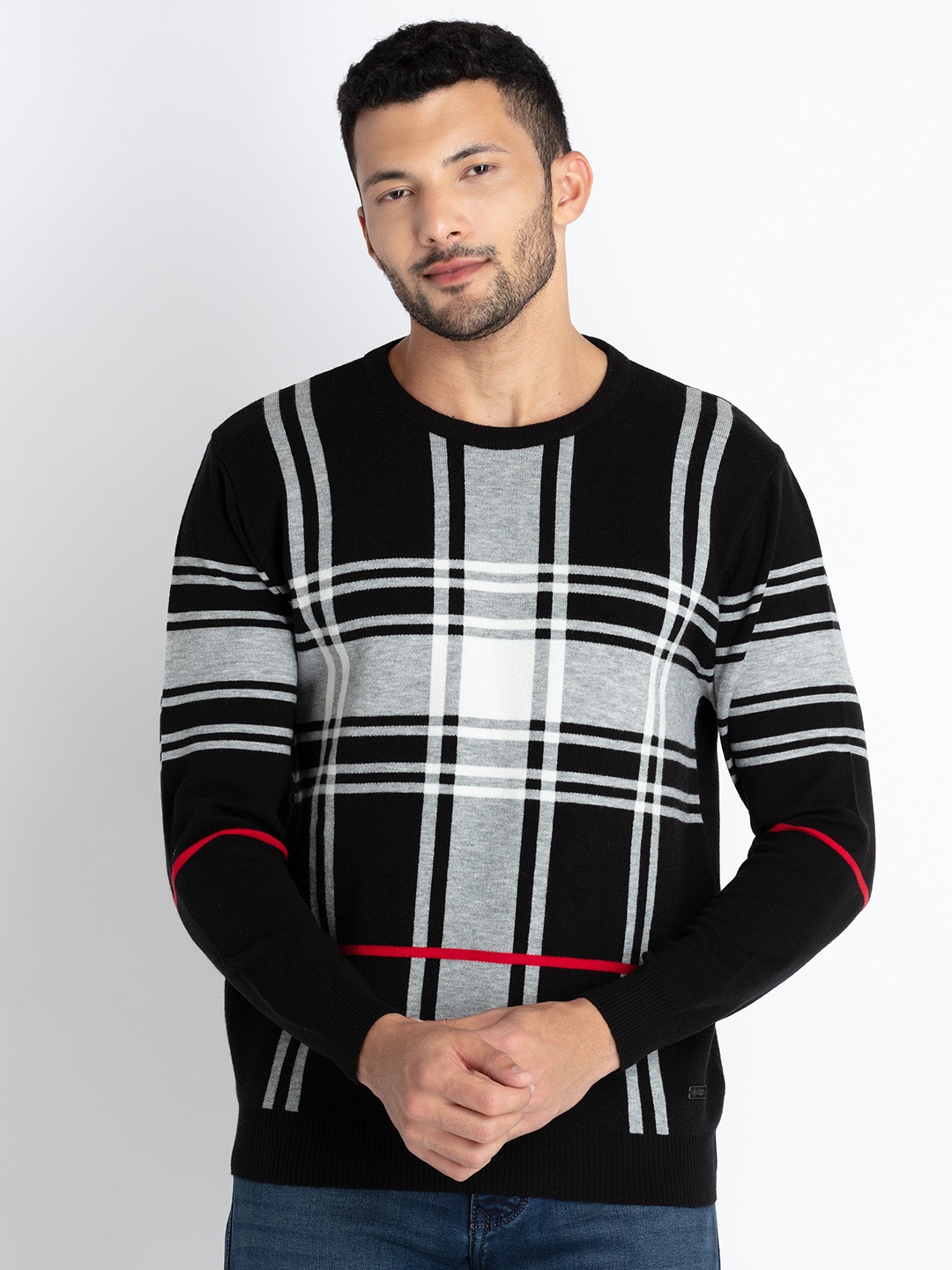 

Status Quo Checked Acrylic Pullover Sweaters, Black