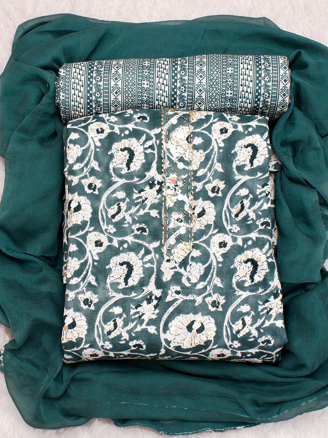 

KALINI Floral Printed Unstitched Dress Material, Teal