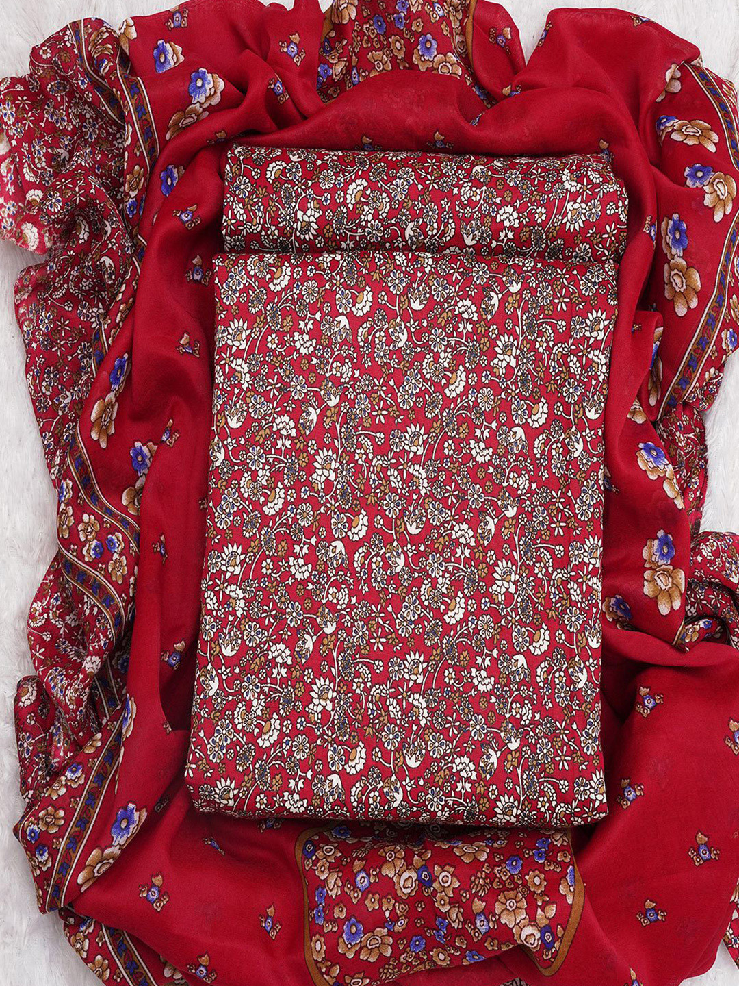 

KALINI Floral Printed Unstitched Dress Material, Red