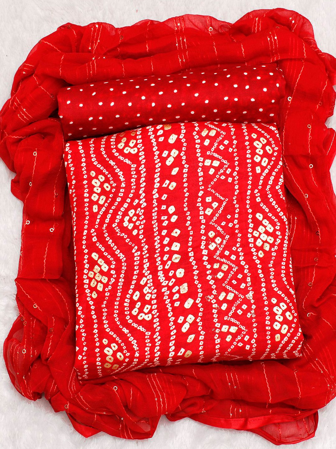 

KALINI Bandhani Printed Unstitched Dress Material, Red