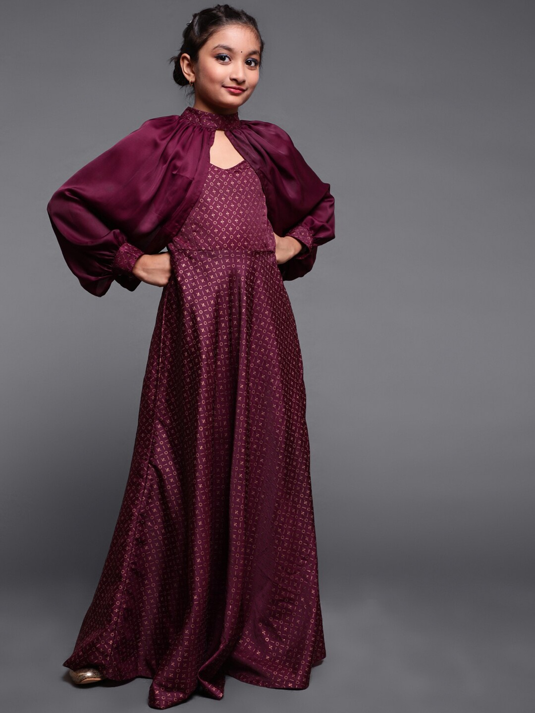 

Aks Kids Girls Ethnic Motifs Printed Cape Sleeves Silk Maxi Dress, Burgundy