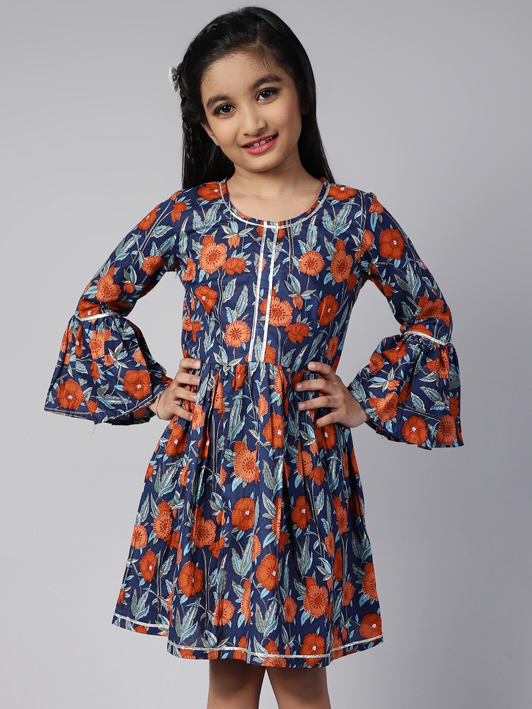 

Aks Kids Girls Floral Printed Bell Sleeve Gathered Cotton Fit & Flare Dress, Blue