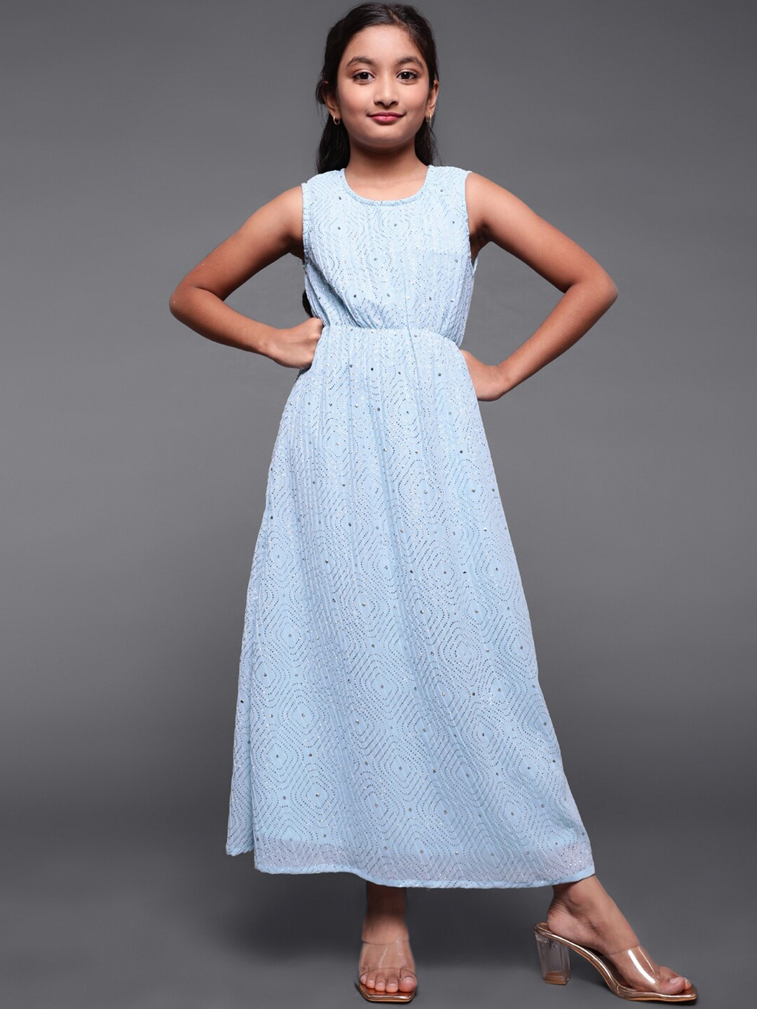 

Aks Kids Girls Geometric Embellished Sleeveless Gathered Georgette Maxi Dress, Blue