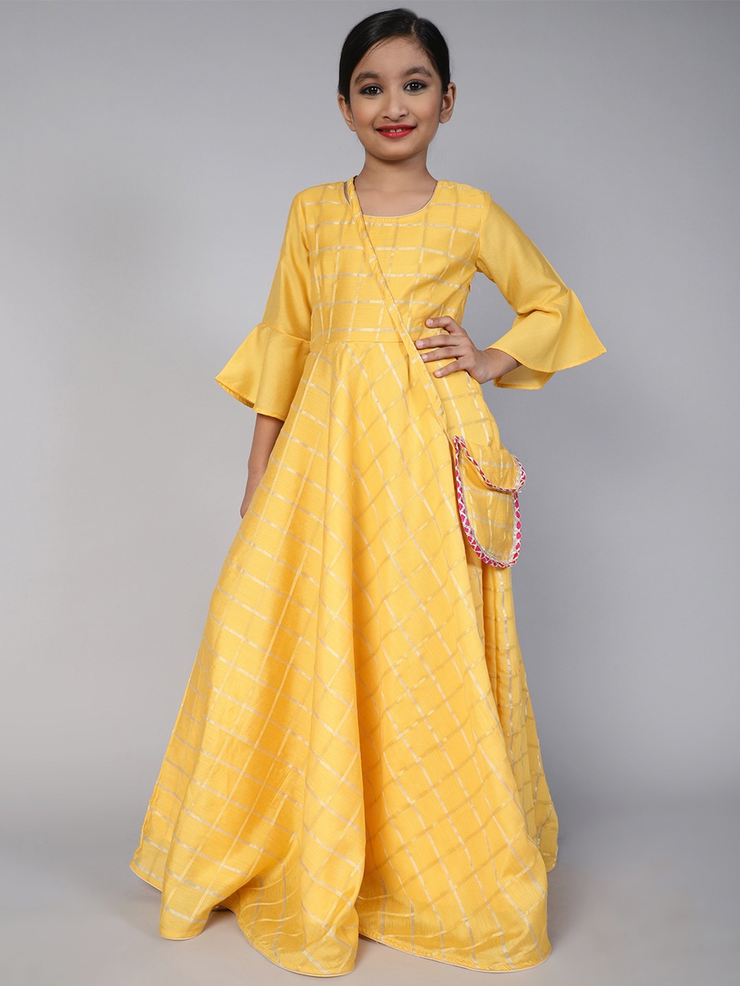 

Aks Kids Girls Checked Bell Sleeve Maxi Dress With Sling Bag, Yellow