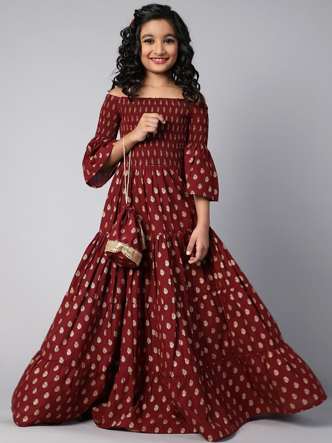 

Aks Kids Girls Ethnic Motifs Printed Off Shoulder Bell Sleeve Smocked Maxi Dress, Maroon