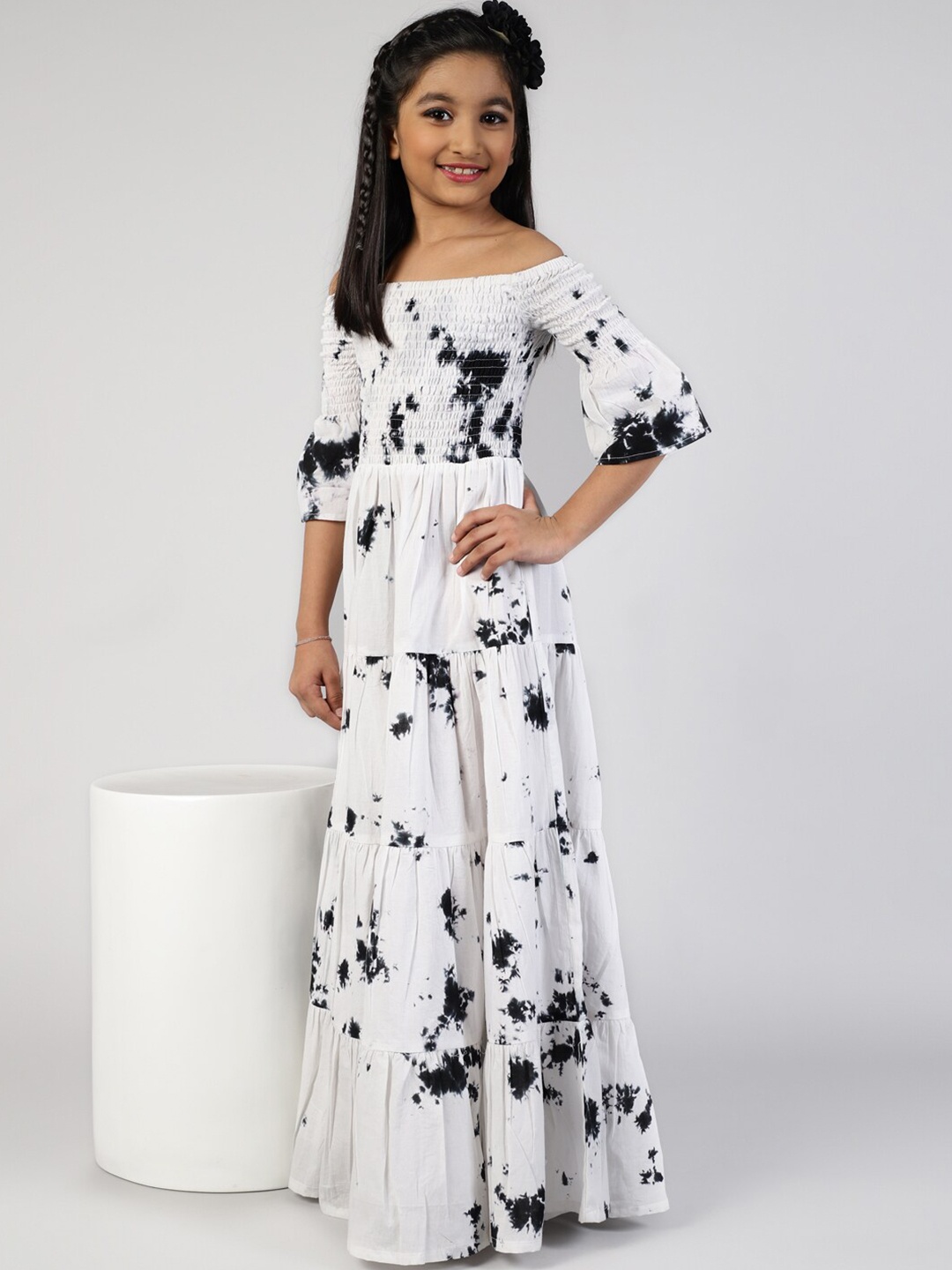 

Aks Kids Girls Tie & Dye Off-Shoulder Bell Sleeves Smocked Maxi Dress, White