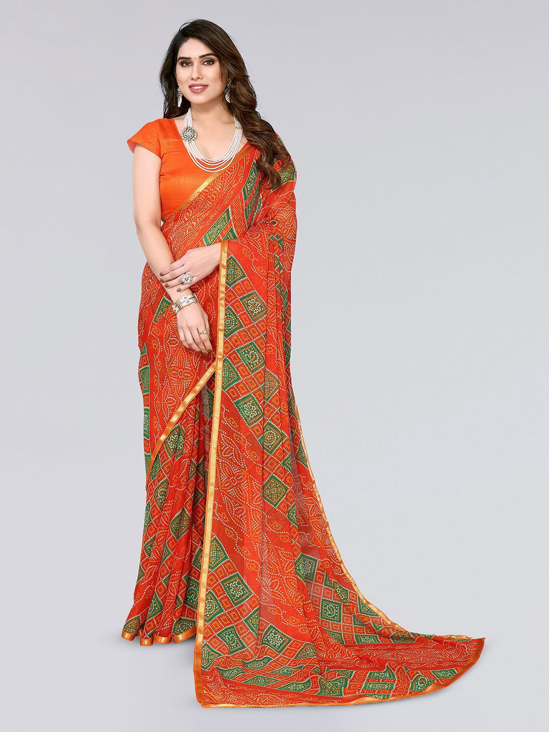 

KALINI Bandhani Printed Poly Chiffon Bandhani Saree, Orange