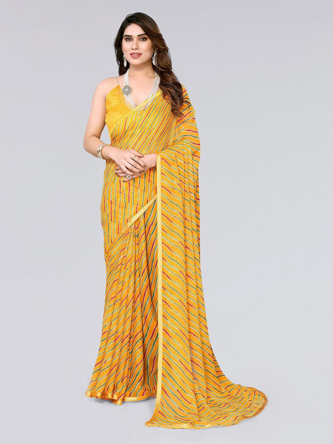 

KALINI Leheriya Printed Poly Chiffon Leheriya Saree, Yellow