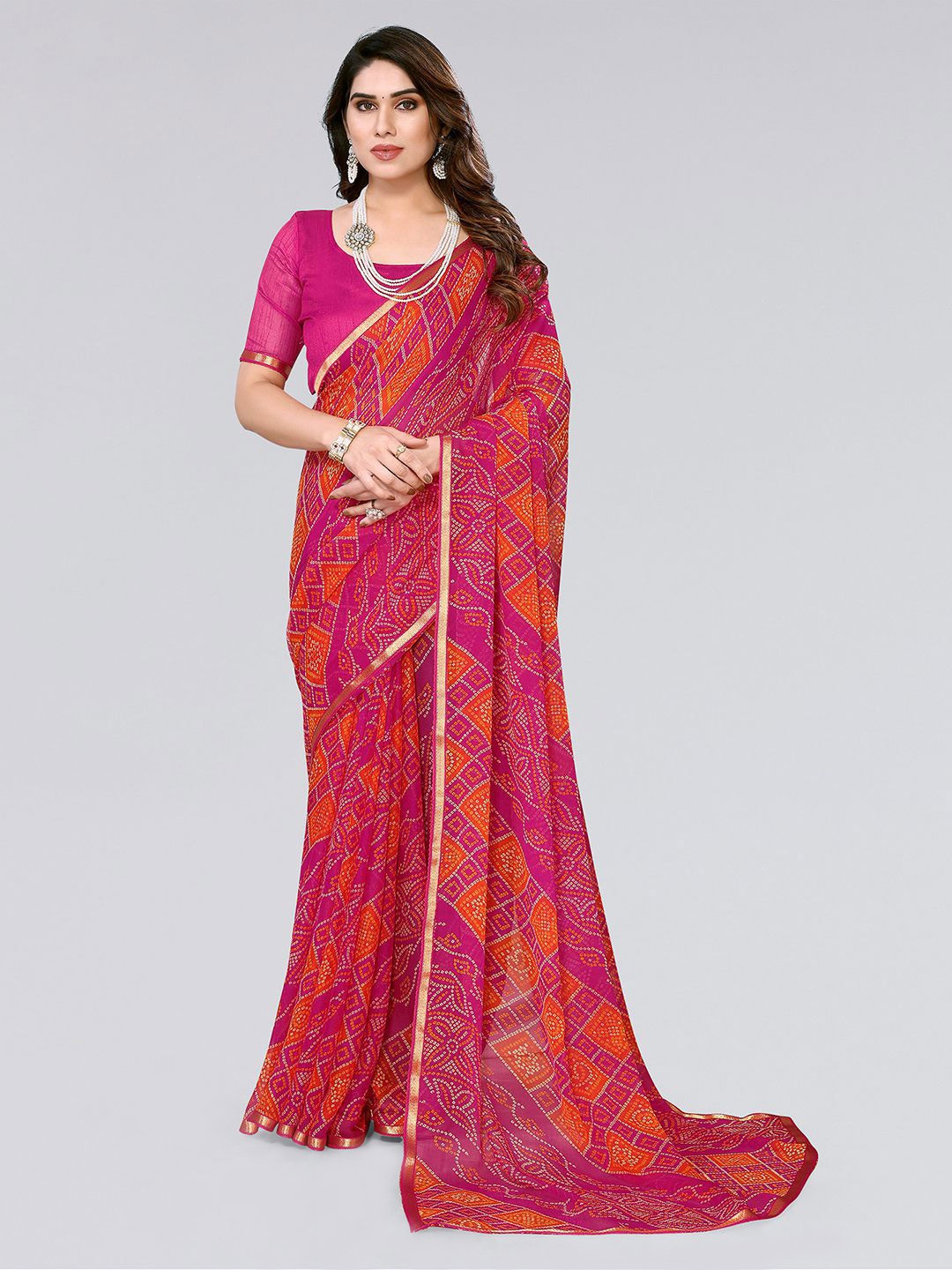 

KALINI Bandhani Printed Gotta Patti Saree, Pink