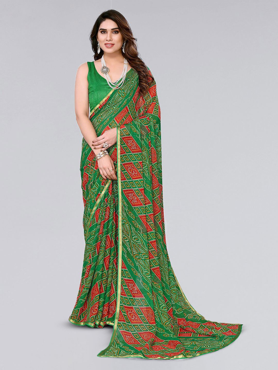 

KALINI Bandhani Printed Gotta Patti Saree, Green