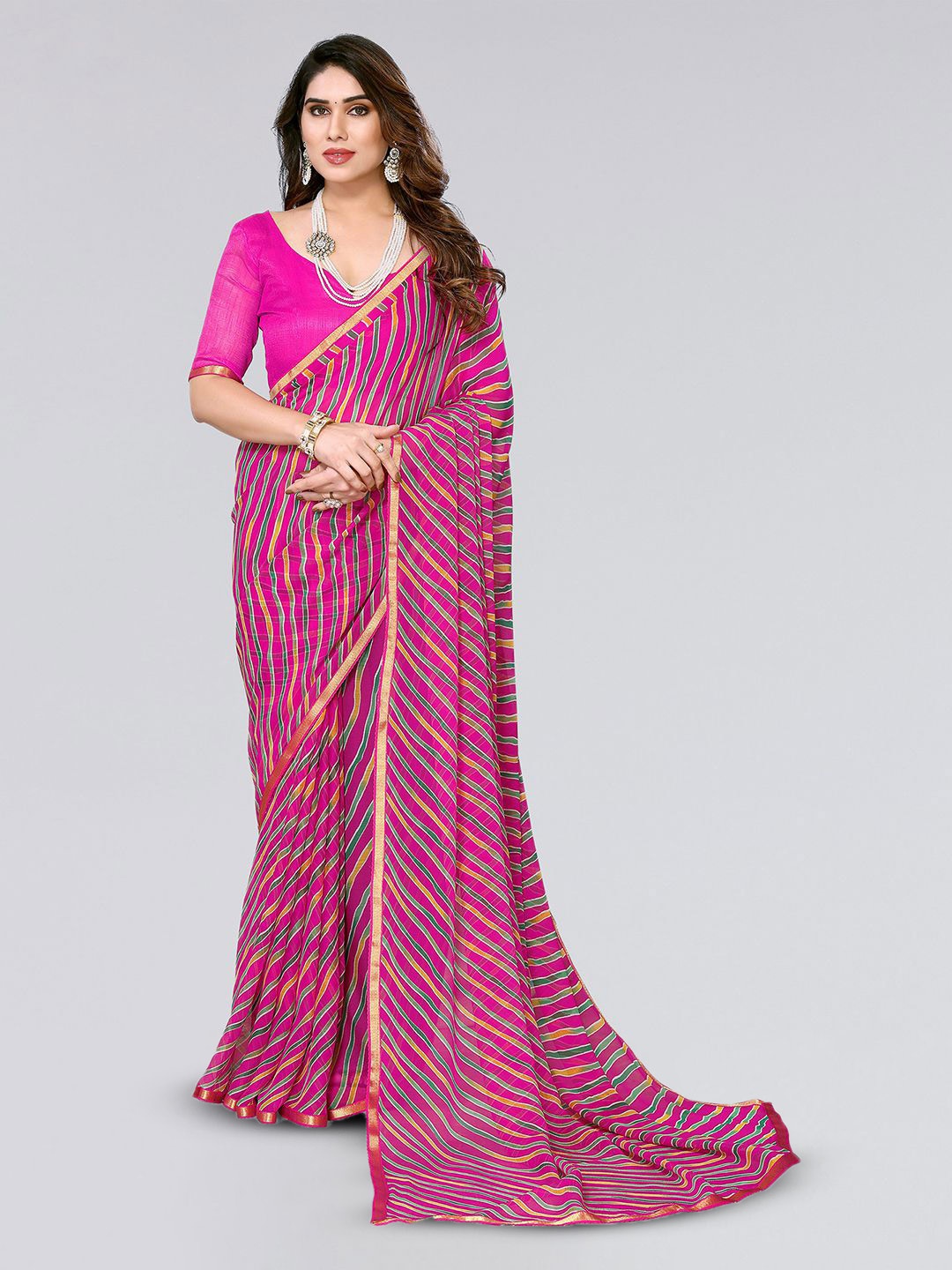 

KALINI Leheriya Zari Poly Chiffon Leheriya Saree, Pink