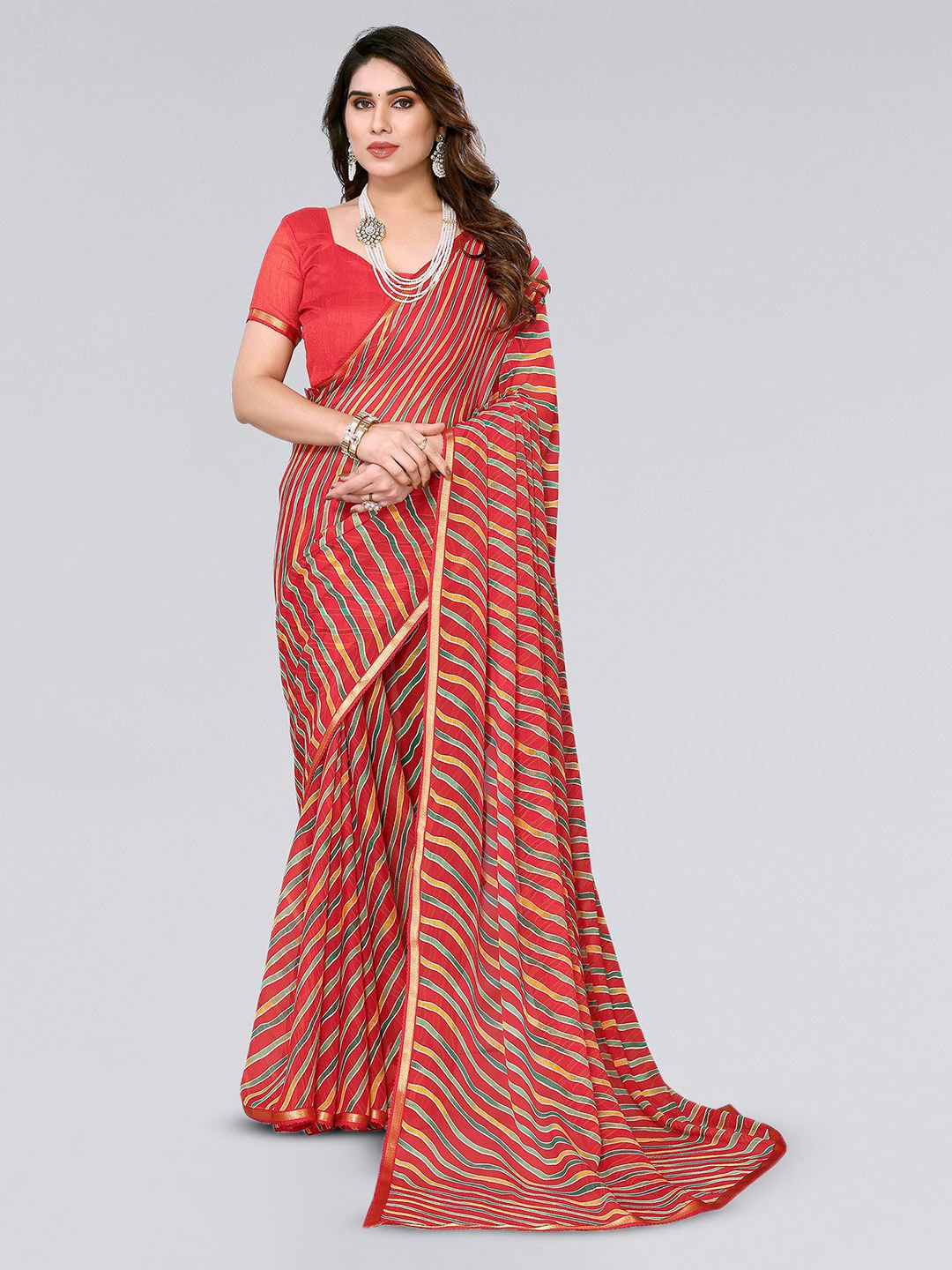 

KALINI Leheriya Printed Poly Chiffon Leheriya Saree, Red