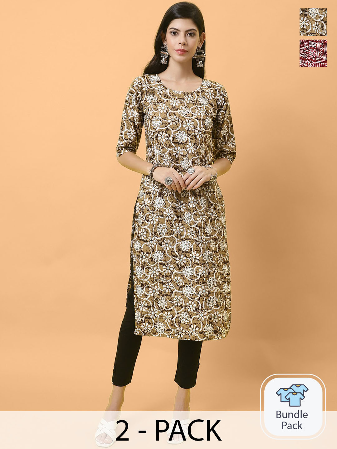 

Ethnic basket Pack Of 2 Floral Printed Crepe Straight Kurta, Green