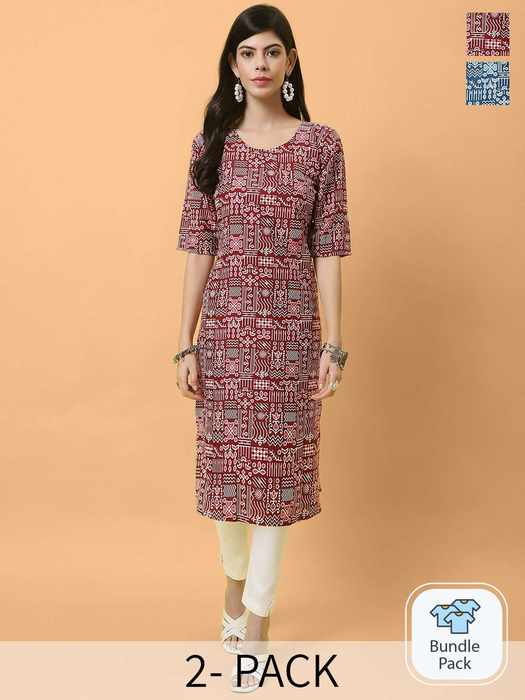 

Ethnic basket Pack Of 2 Floral Printed Crepe Straight Kurta, Maroon