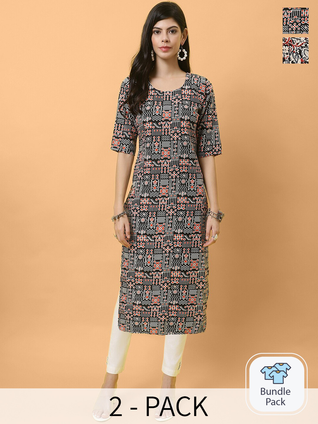 

Ethnic basket Pack Of 2 Ethnic Motifs Printed Straight Crepe Kurta, Black