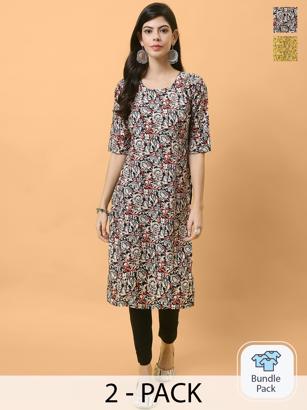 

Ethnic basket Pack Of 2 Floral Printed Straight Crepe Kurta, Off white