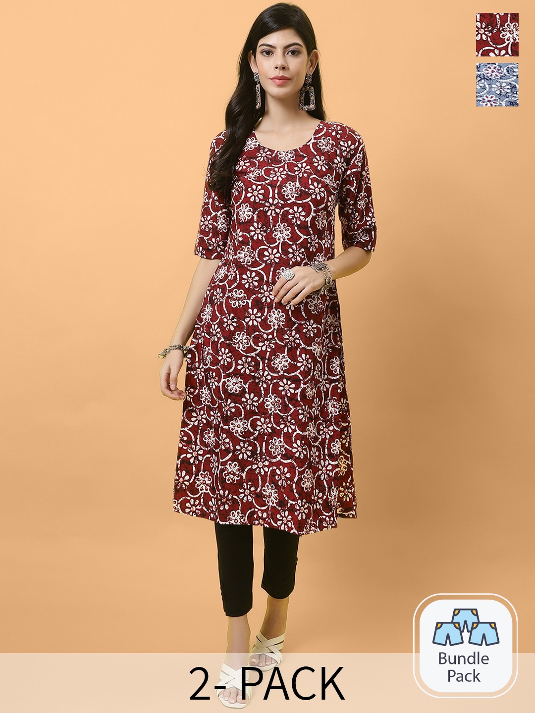 

Ethnic basket Pack Of 2 Floral Printed Straight Crepe Kurta, Maroon