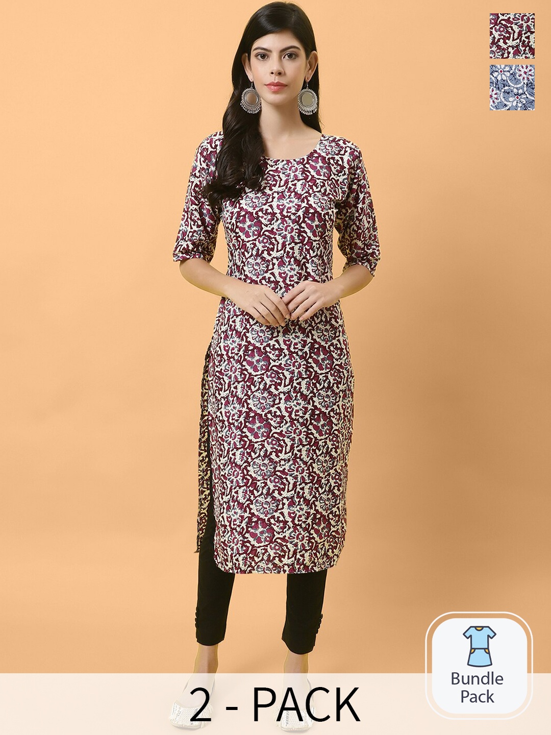 

Ethnic basket Pack Of 2 Floral Printed Straight Crepe Kurta, Maroon