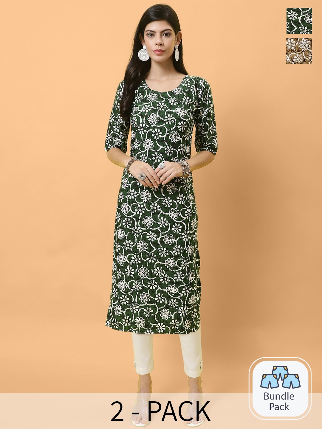 

Ethnic basket Selection Of 2 Floral Printed Crepe Kurtas, Green
