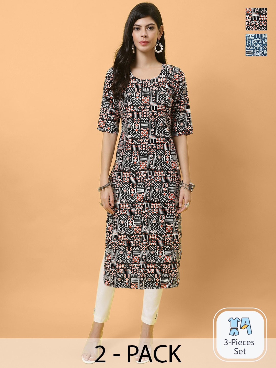 

Ethnic basket Selection Of 2 Geometric Printed Crepe Kurta, Black