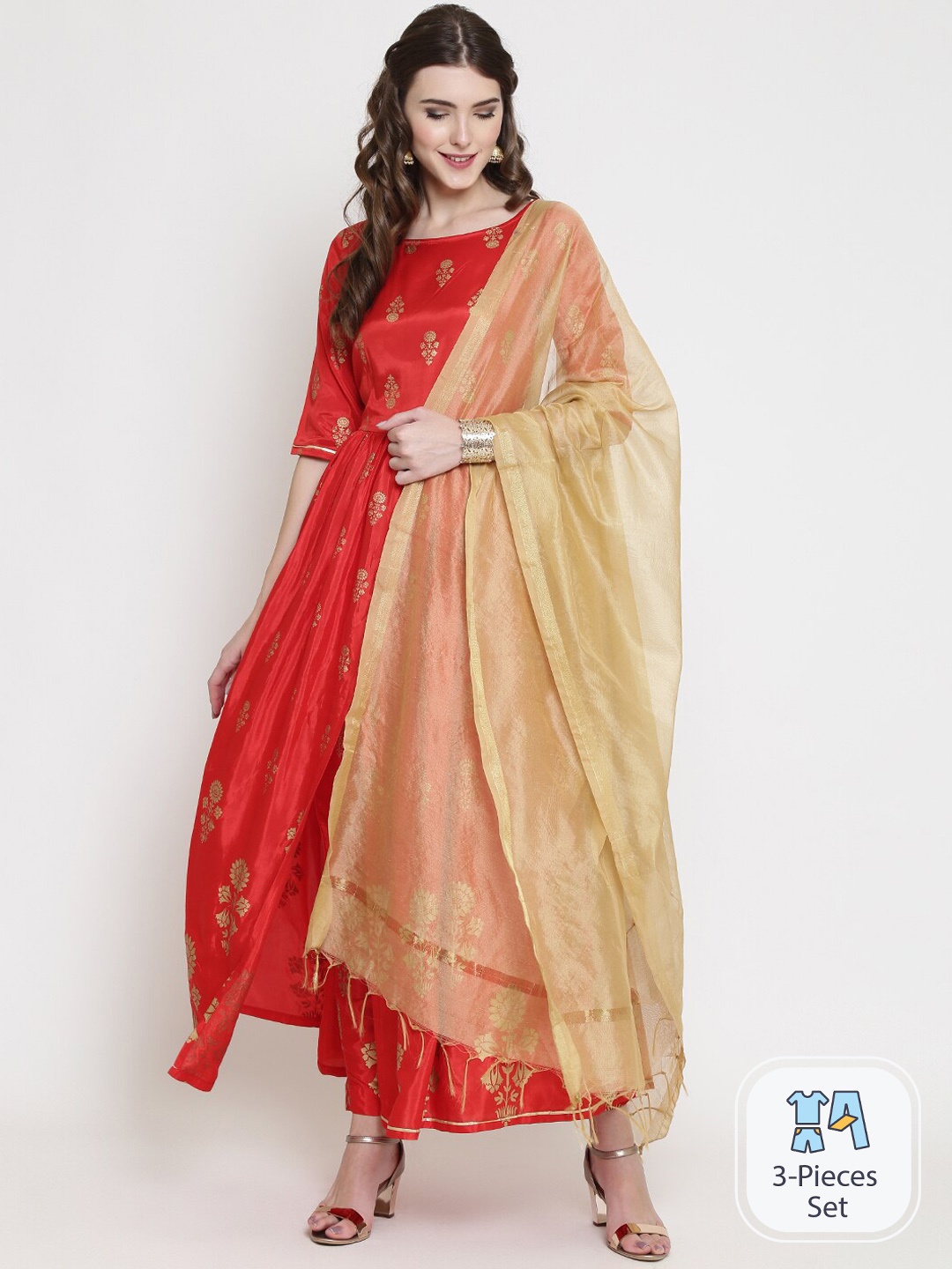 Sera Ethnic Motifs Printed Boat Neck Anarkali Kurta, Red