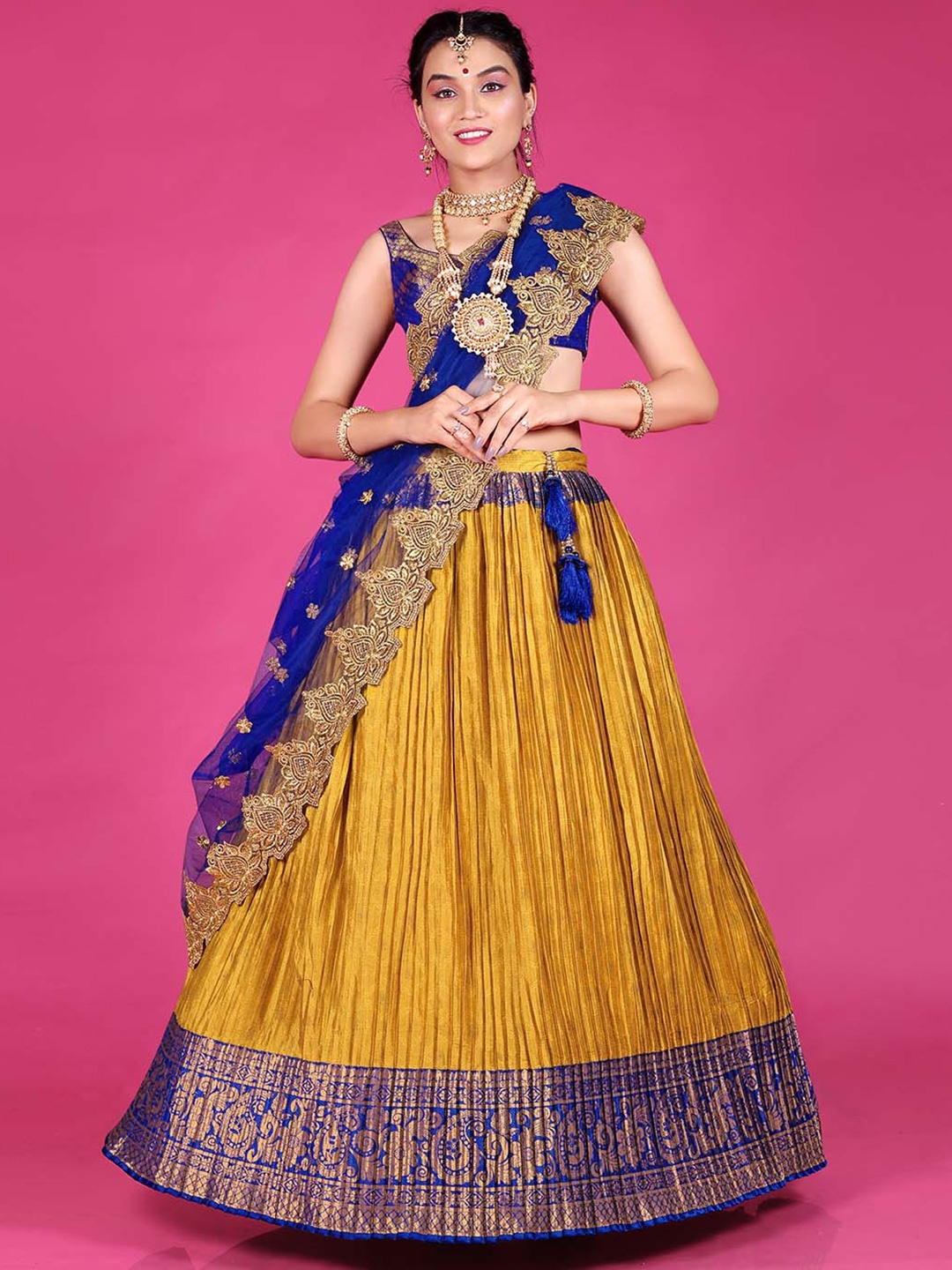 

HALFSAREE STUDIO Woven Design Unstitched Lehenga Choli With Dupatta, Mustard