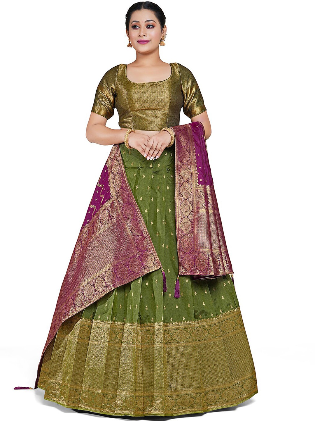 

HALFSAREE STUDIO Woven Design Silk Unstitched Lehenga Choli With Dupatta, Olive