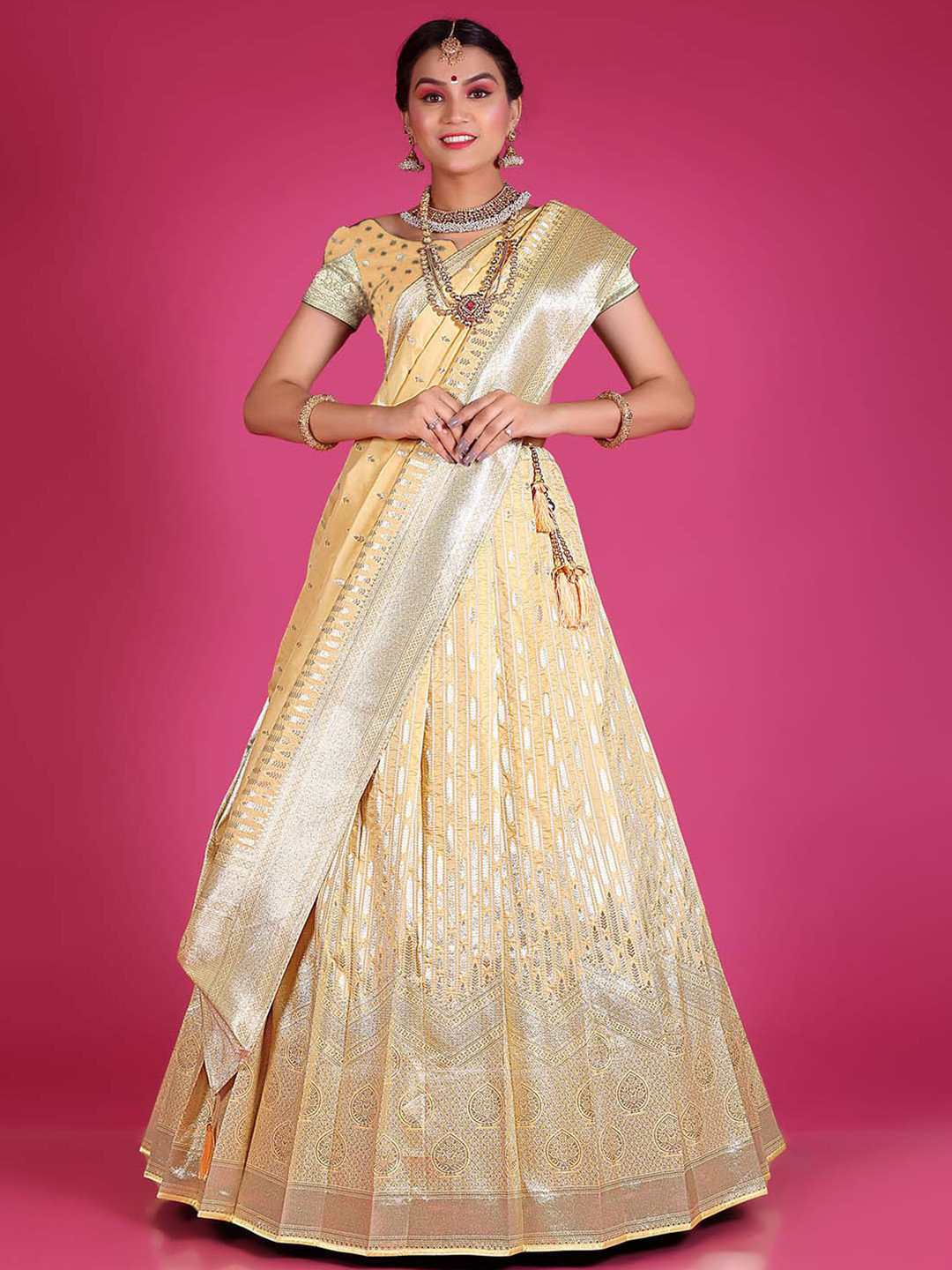 

HALFSAREE STUDIO Woven Design Unstitched Lehenga Choli With Dupatta, Cream