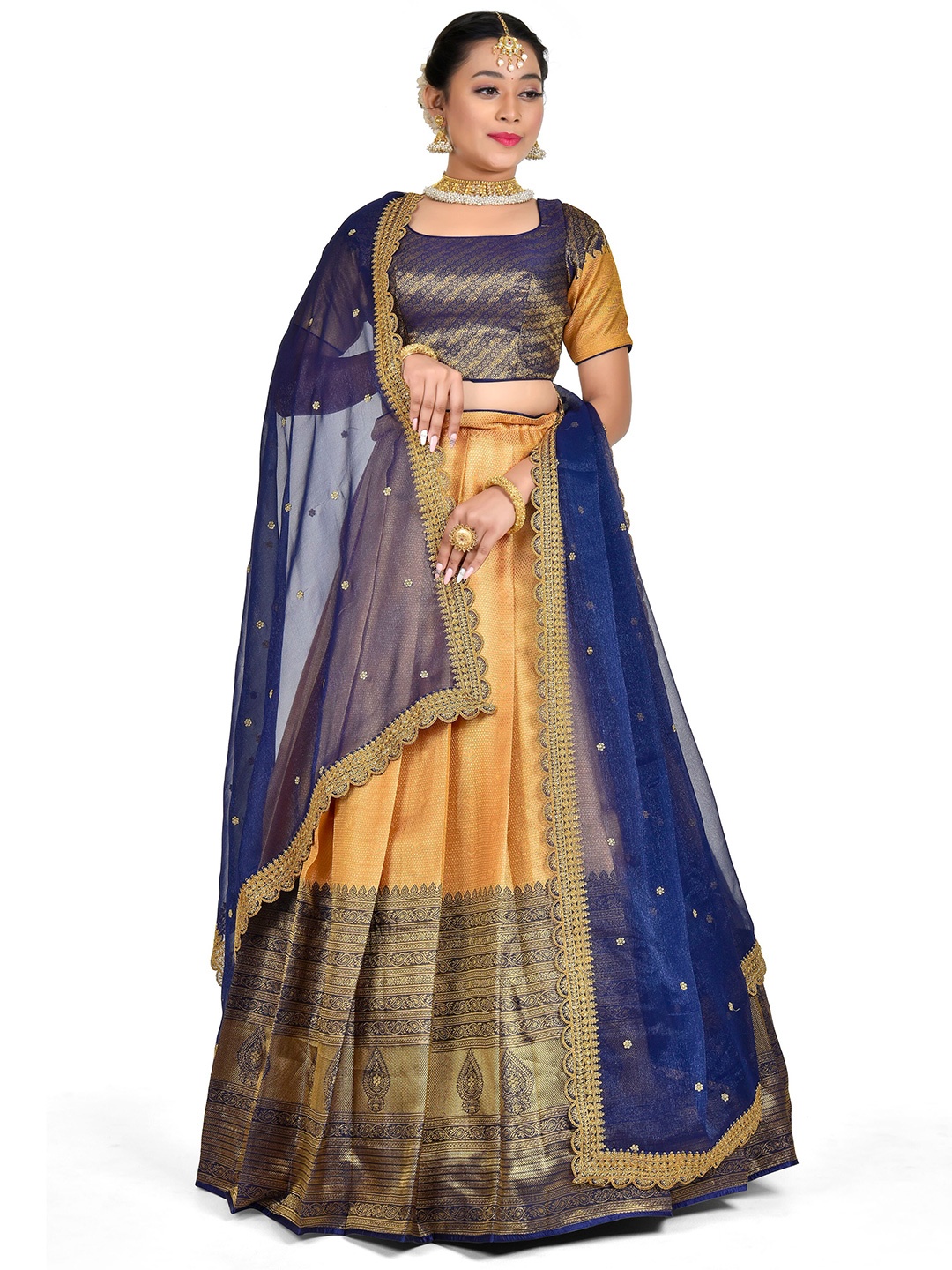 

HALFSAREE STUDIO Woven Design Unstitched Lehenga Choli With Dupatta, Peach