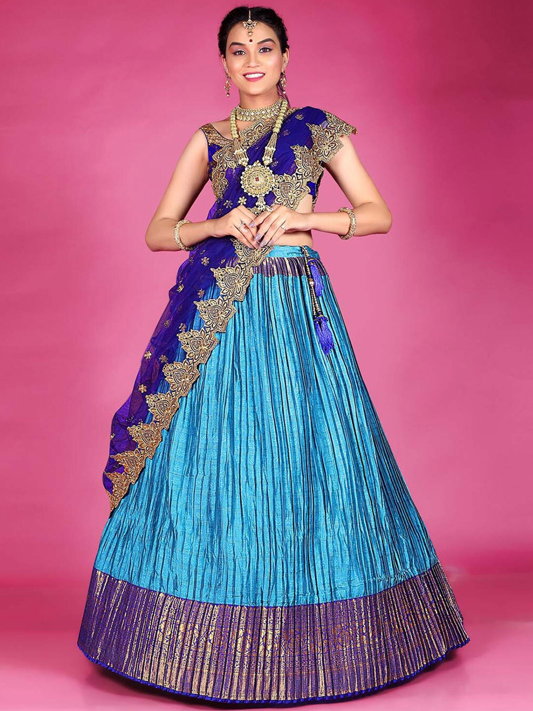 

HALFSAREE STUDIO Woven Design Semi-Stitched Lehenga & Blouse With Dupatta, Blue