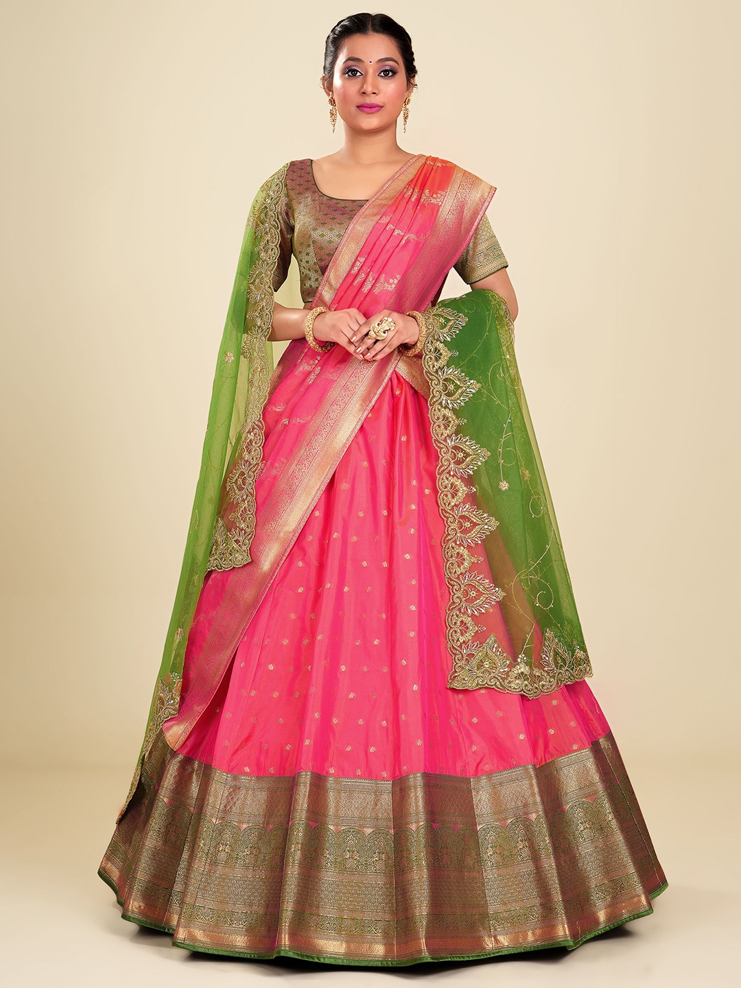 

HALFSAREE STUDIO Woven Design Unstitched Lehenga Choli With Dupatta, Pink
