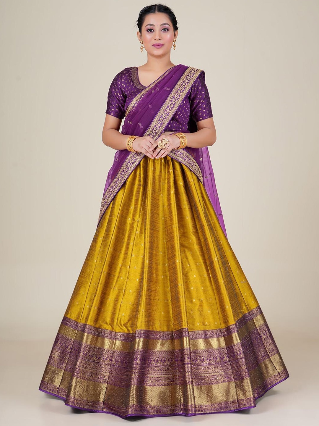 

HALFSAREE STUDIO Woven Design Unstitched Lehenga Choli With Dupatta, Mustard