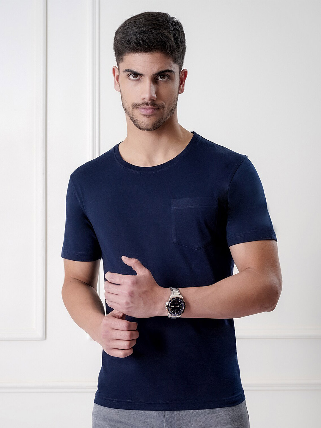 

UrbanMark Round Neck Short Sleeves Casual T-Shirt, Navy blue