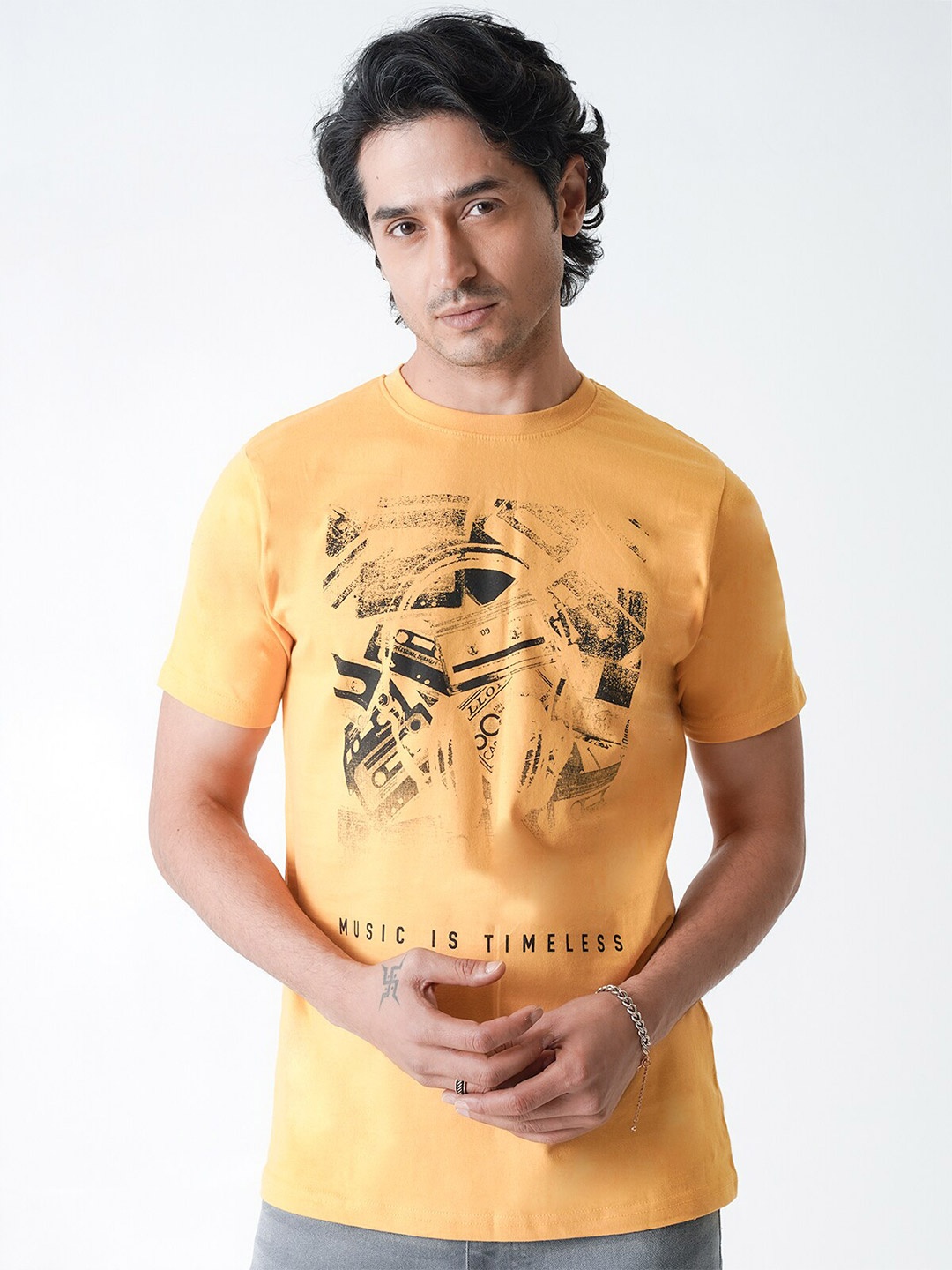 

UrbanMark Graphic Printed Pure Cotton T-Shirt, Mustard
