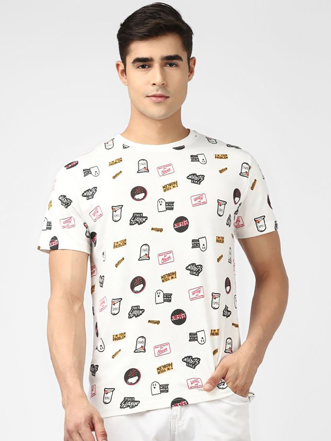 

UrbanMark Printed Regular Fit Round Neck T-shirt, White