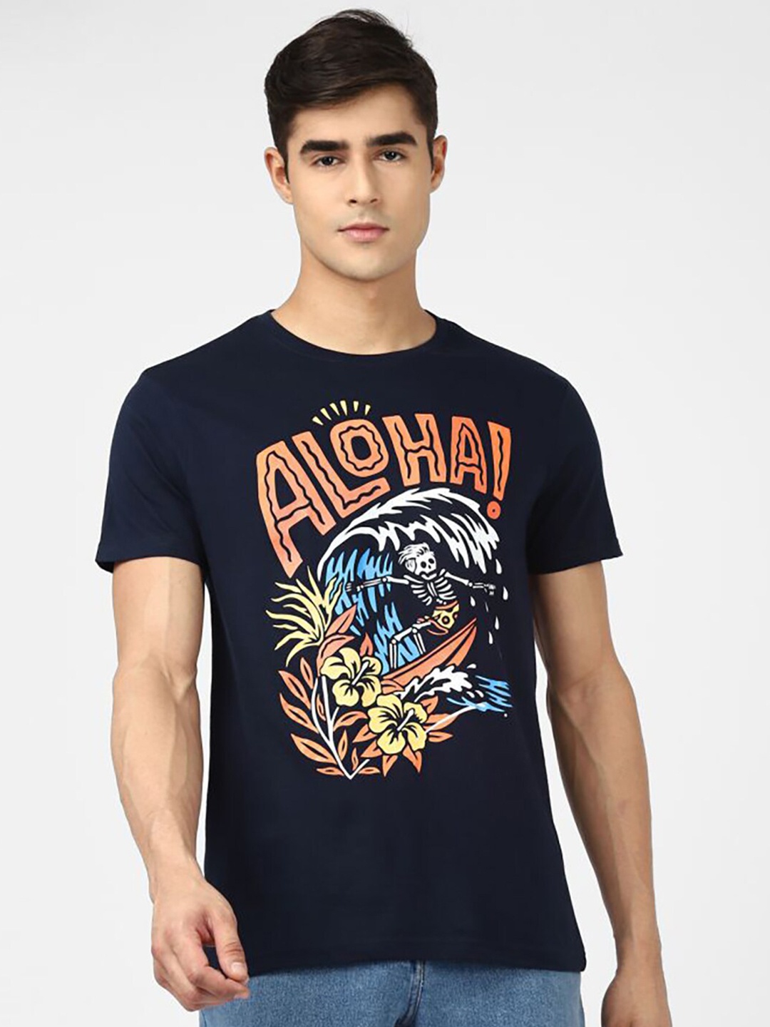 

UrbanMark Graphic Printed Pure Cotton T-shirt, Navy blue
