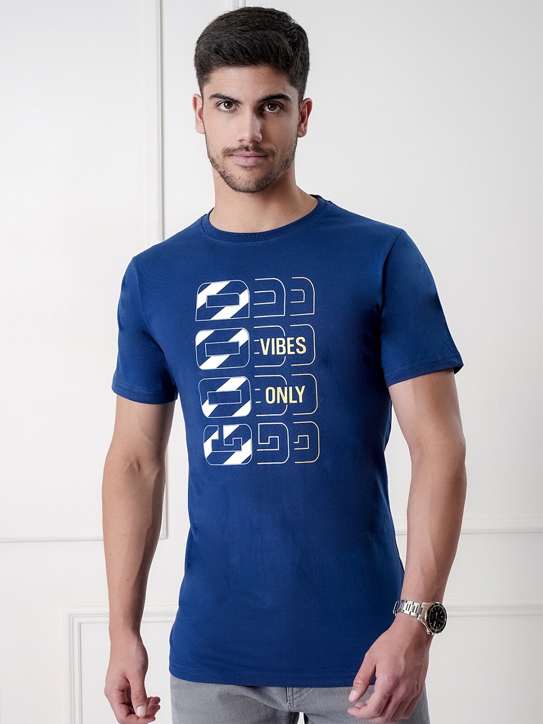 

UrbanMark Typography Printed Pure Cotton T-shirt, Navy blue