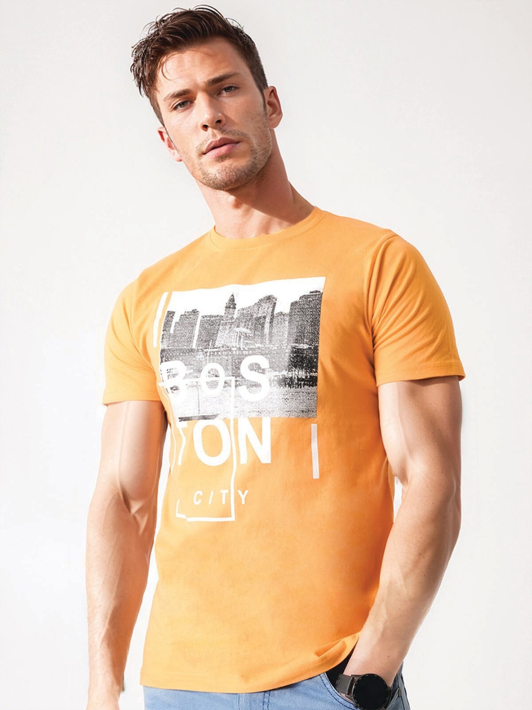 

UrbanMark Graphic Printed Cotton T-shirt, Orange