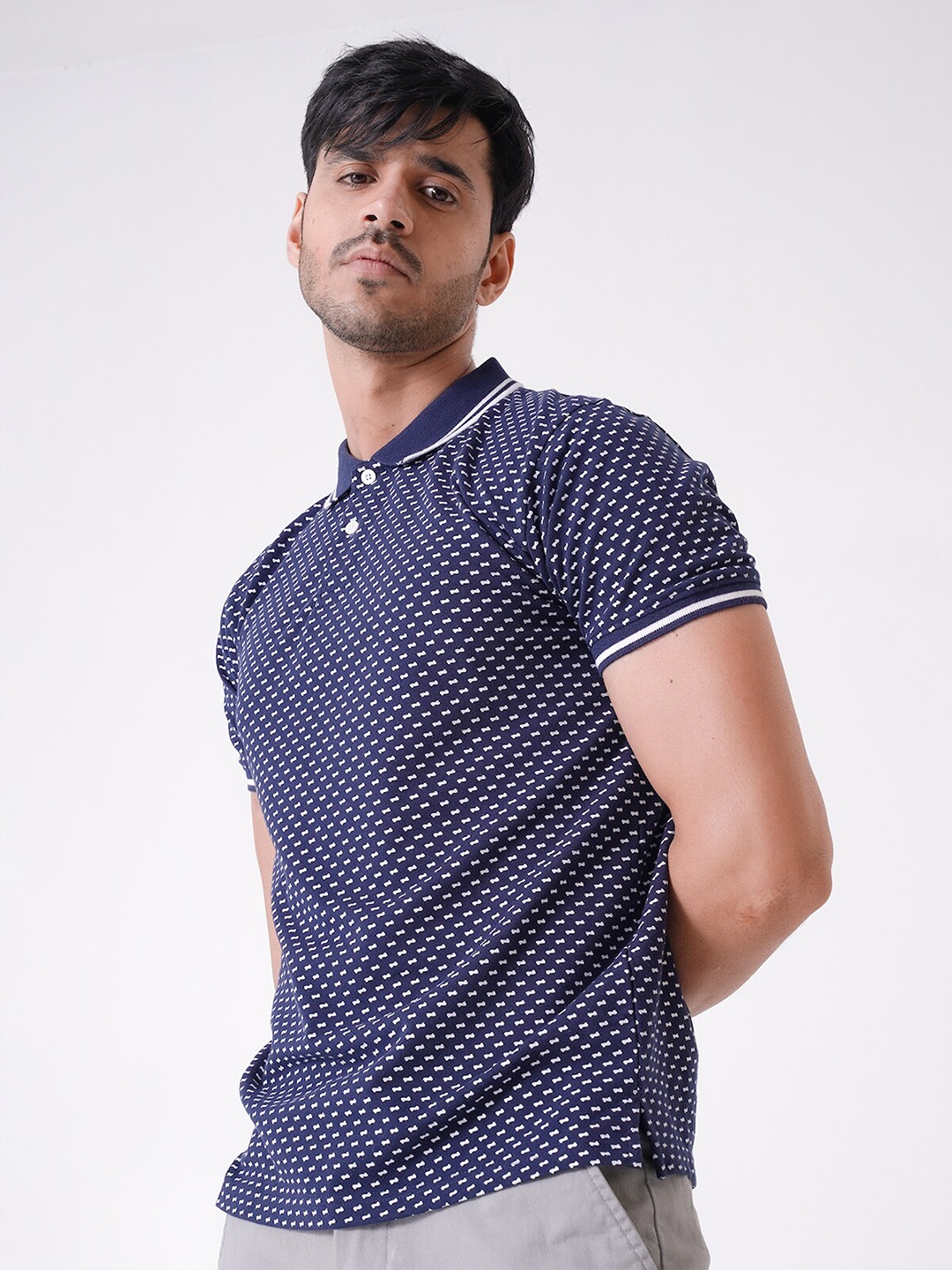 

UrbanMark Geometric Printed Polo Collar T-Shirt, Navy blue