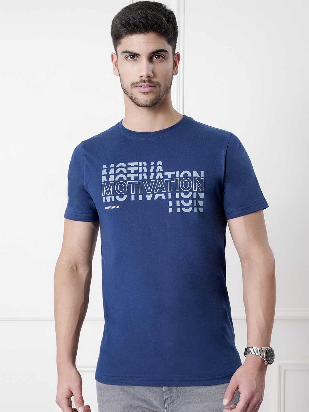 

UrbanMark Typography Printed Pure Cotton T-Shirt, Navy blue