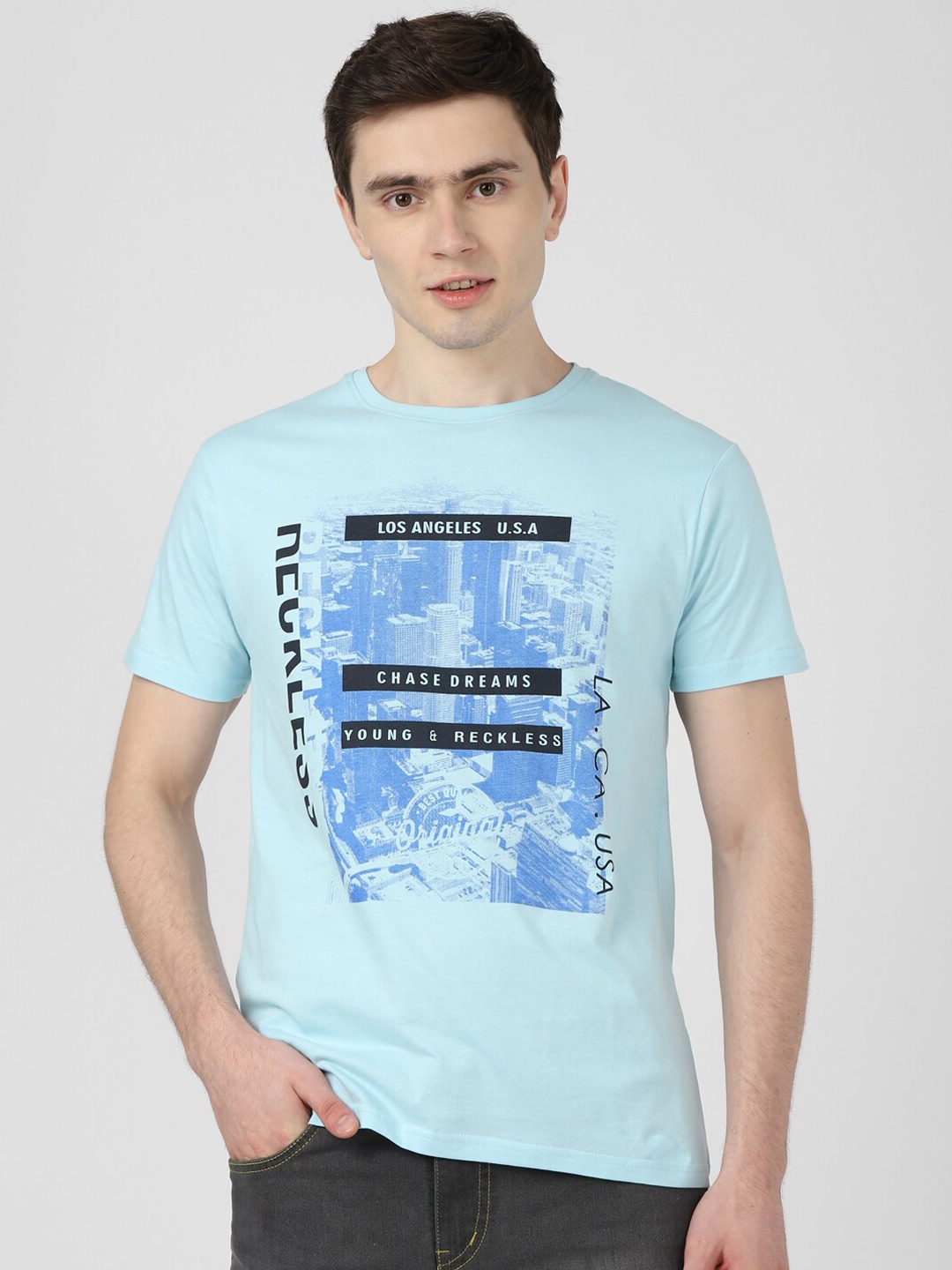 

UrbanMark Graphic Printed Pure Cotton T-shirt, Blue