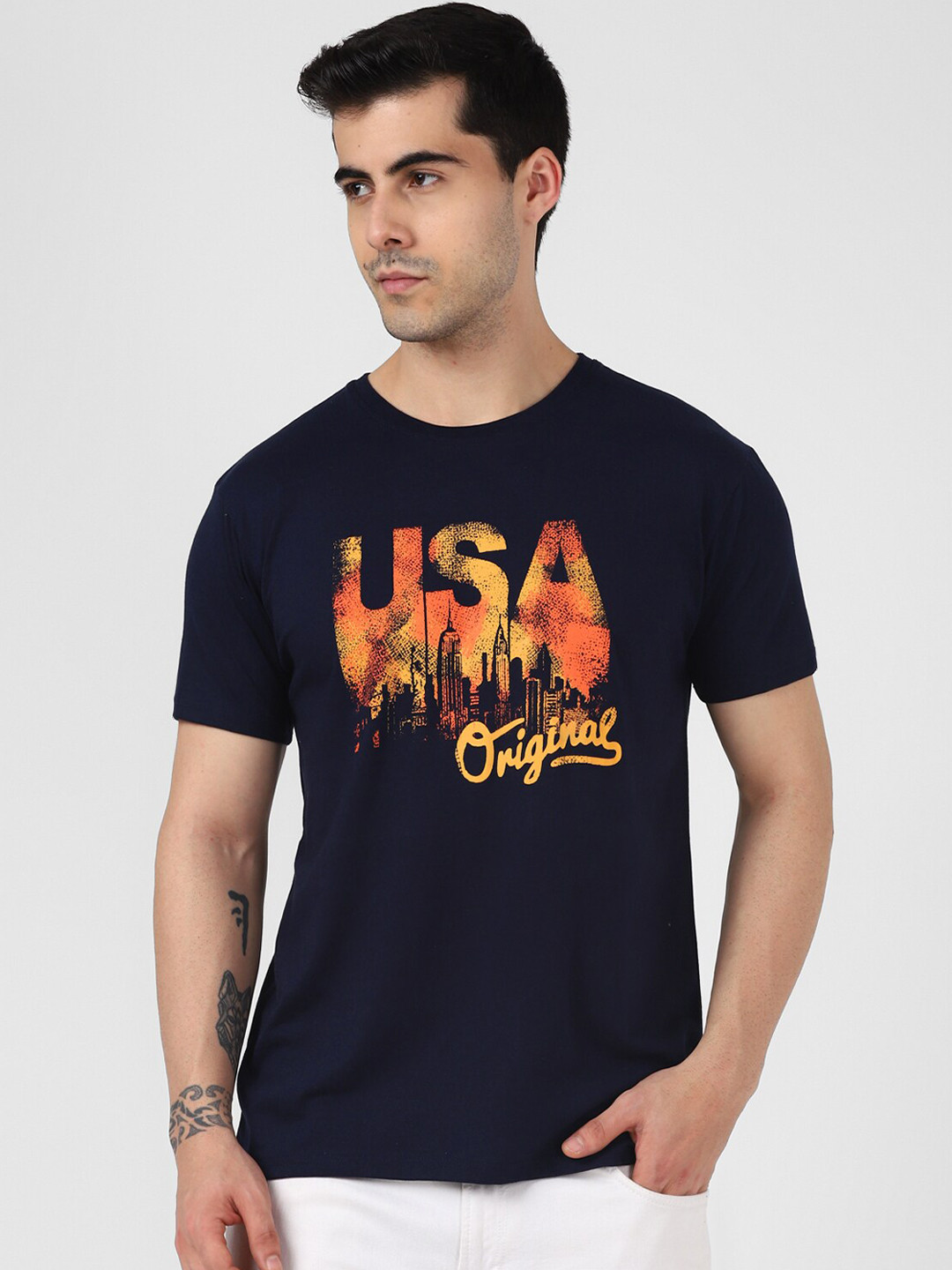 

UrbanMark Typography Printed Cotton T-Shirt, Navy blue