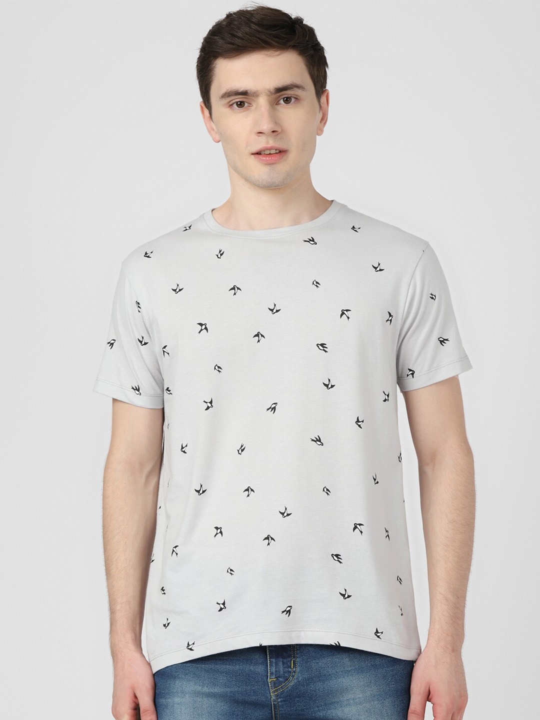 

UrbanMark Conversational Printed Mandarin Collar Pure Cotton T-shirt, Grey