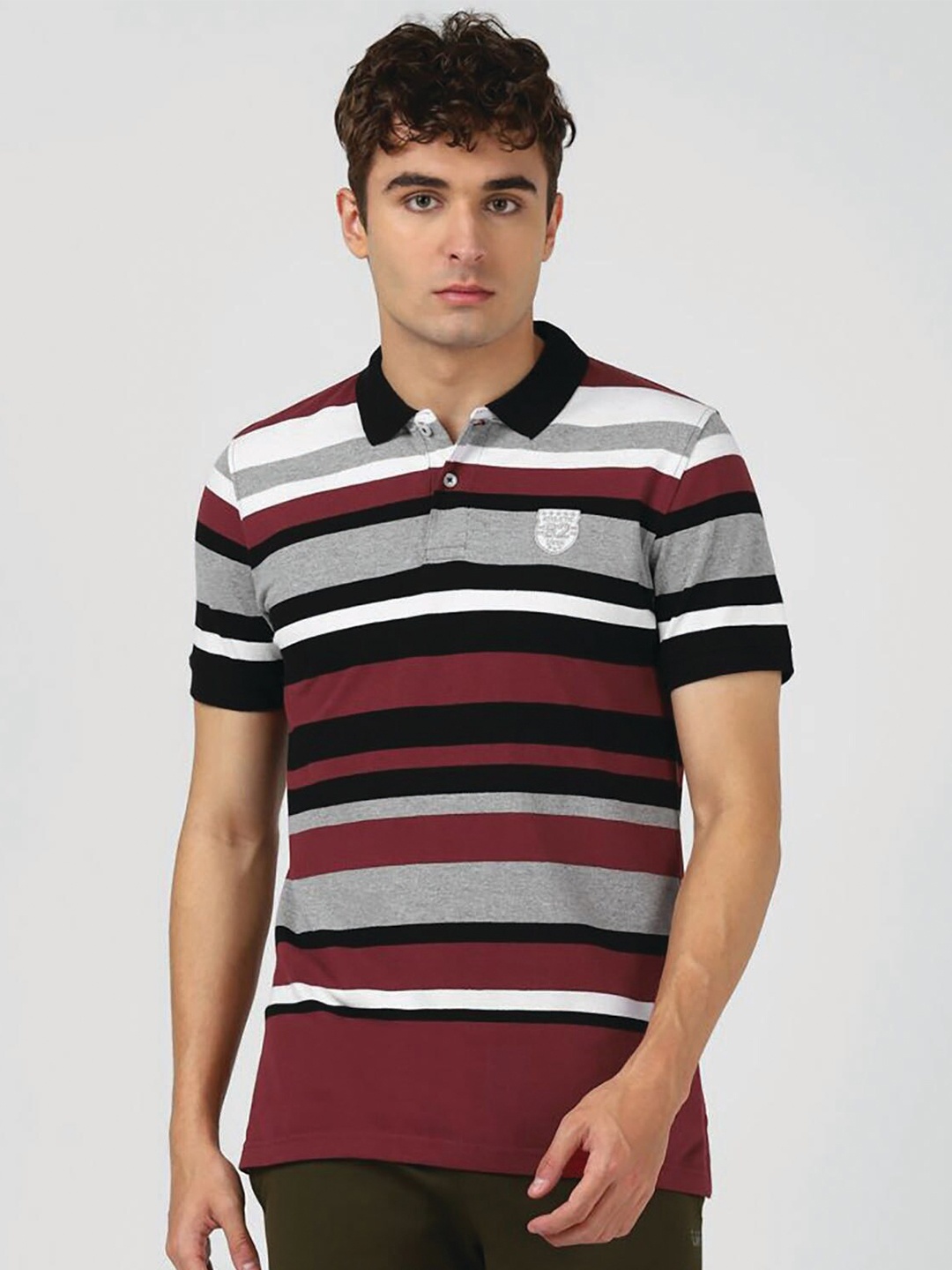

UrbanMark Striped Polo Collar Cotton Slim Fit T-shirt, Maroon